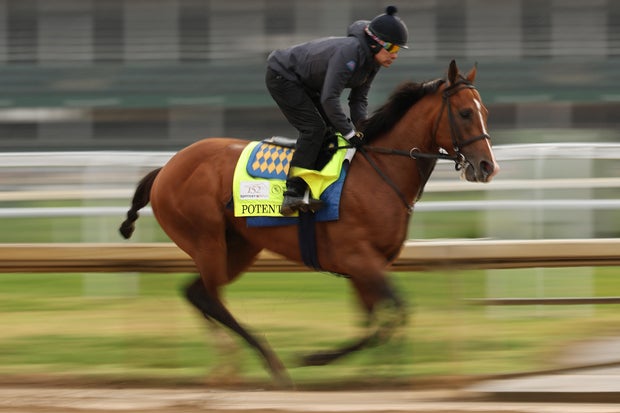 Potente trains during morning workouts ahead of the Kentucky Derby at Churchill Downs on April 29, 2026, in Louisville, Kentucky. 