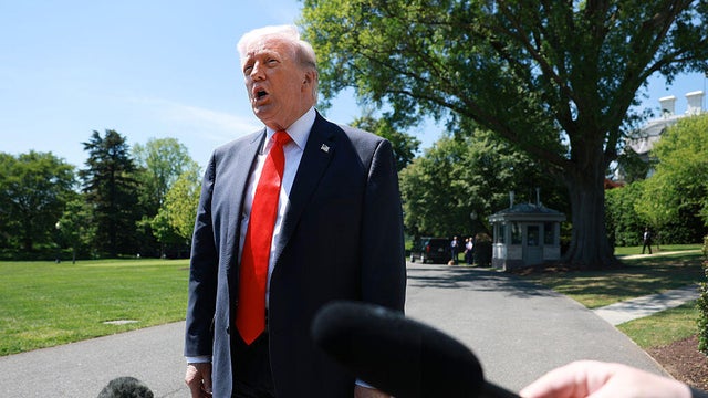 President Trump speaks to reporters as he departs the White House in Washington, D.C., on May 1, 2026. 