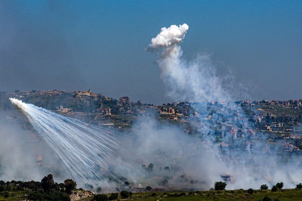 An explosion of what appears to be white phosphorus after an Israeli army attack in South Lebanon, as seen from the Israeli side of the Israel-Lebanon border 