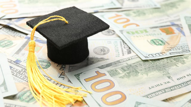 Scholarship. Graduate hat on dollar banknotes, closeup. Space for text 