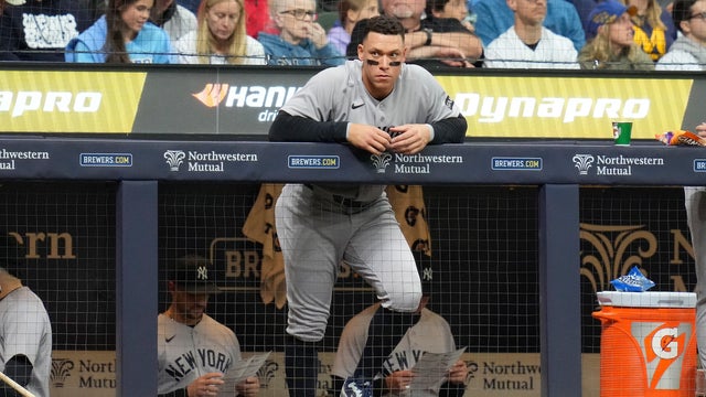 Aaron Judge #99 of the New York Yankees looks on in the sixth inning against the Milwaukee Brewers at American Family Field on May 08, 2026 in Milwaukee, Wisconsin. 