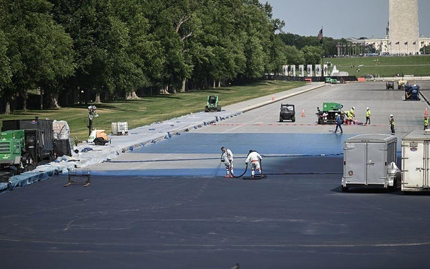 Restoration work underway at the Lincoln Memorial Reflecting Pool in Washington, D.C., on May 8, 2026. 