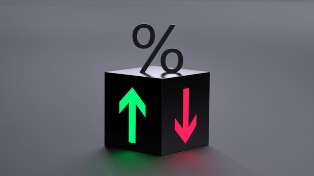 Percentage and up and down arrows. Financial concept of regulation of income, profit, cost, debt. 3D render.