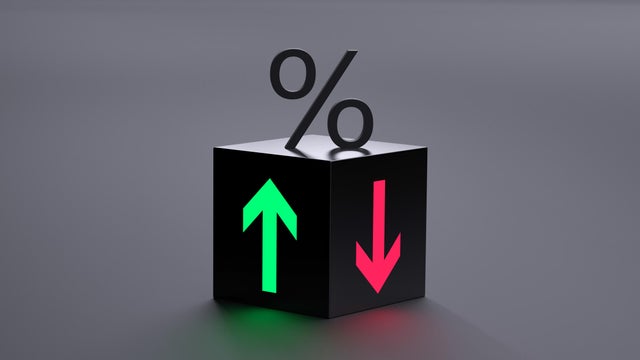 Percentage and up and down arrows. Financial concept of regulation of income, profit, cost, debt. 3D render. 