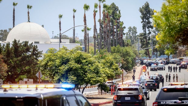 Multiple people were killed, including an armed security guard, after two shooters attacked the Islamic Center in San Diego, May 18, 2026. 