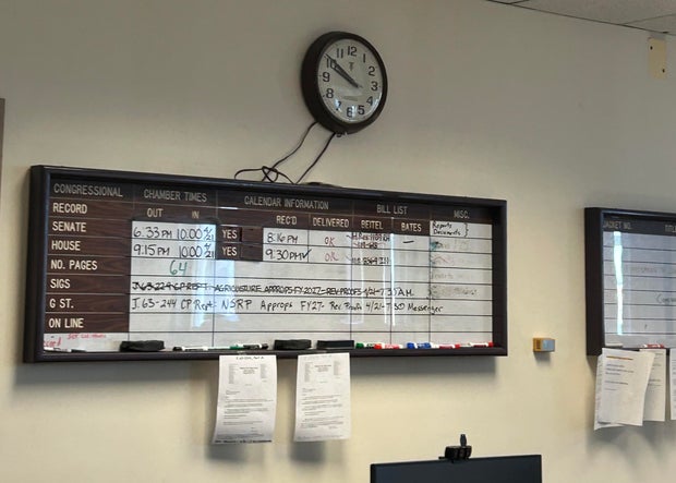 A bulletin board at the Government Publishing Office tracks progress on producing the Congressional Record. 