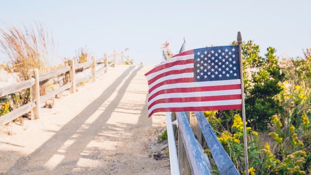 American Flag Flying on Beach Walkway on Memorial Day or 4th of July 
