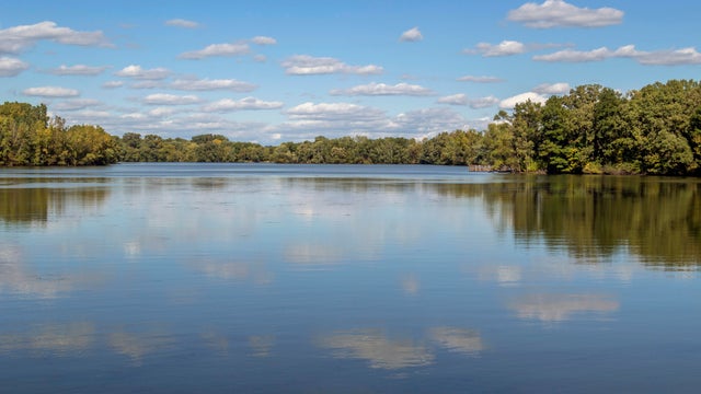 A Wide Angle Shot of Beautiful Reflections in Colby Lake during a Late Summer Day 