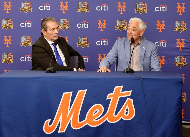 Former New York Met Lee Mazzilli and form manager Bobby Valentine attend a press conference before the Mets play the Miami Marlins at Citi Field on May 30, 2026 in New York City.