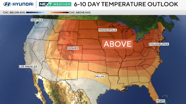 A map showing much of the U.S. will have above-normal temperatures this week 