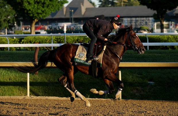 Golden Tempo trains during a morning workout prior to Belmont Stakes at Saratoga Race Course on June 4, 2026, in Saratoga Springs, New York. 