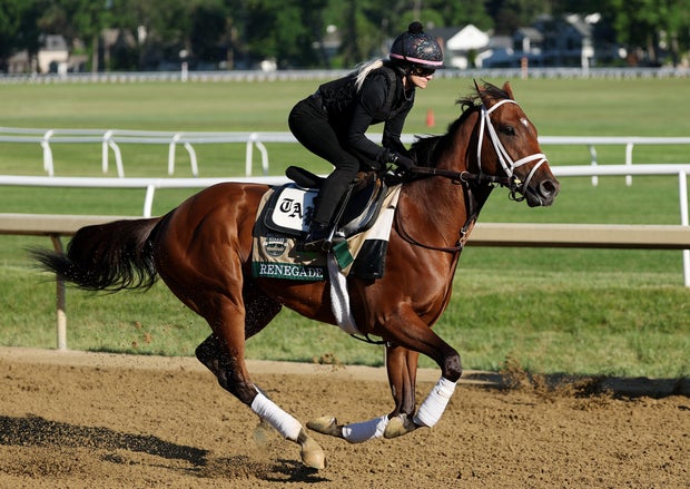 Renegade runs during a morning workout prior to the Belmont Stakes at Saratoga Race Course on June 4, 2026, in Saratoga Springs, New York. 