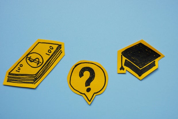 Student loans and financial decisions. Graduation cap, dollar bills, and a question mark. 