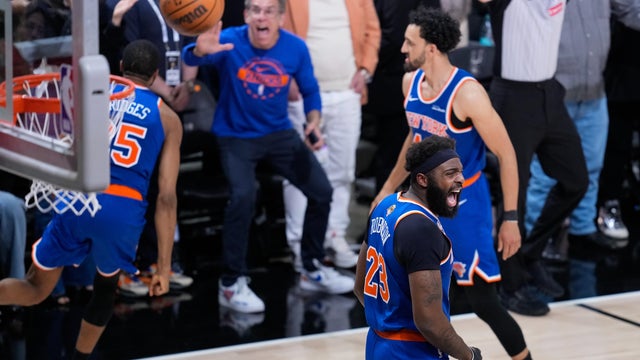 The New York Knicks celebrate after Game 2 of the NBA Finals basketball series against the San Antonio Spurs, Friday, June 5, 2026, in San Antonio. 
