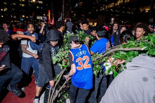New York Knicks Fans Gather To Watch Game Three Of The NBA Finals Against San Antonio Spurs 