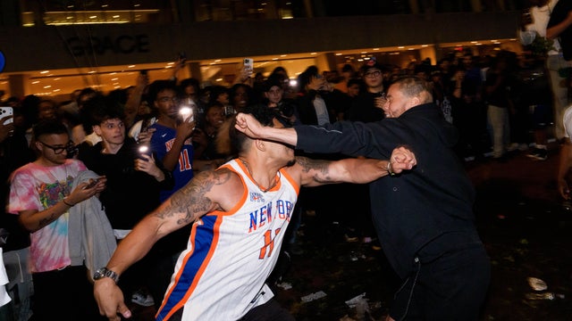 New York Knicks Fans Gather To Watch Game Three Of The NBA Finals Against San Antonio Spurs 