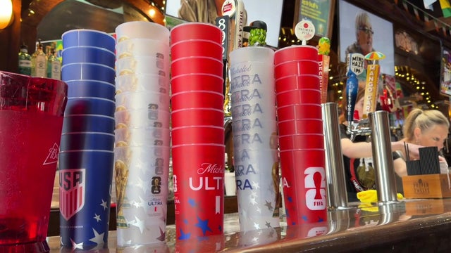 Cropped image of male soccer fans toasting beer glasses in bar 