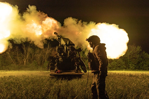 Ukrainian soldiers fire artillery at Russian positions in the Donetsk Oblast, Ukraine, May 31, 2026.