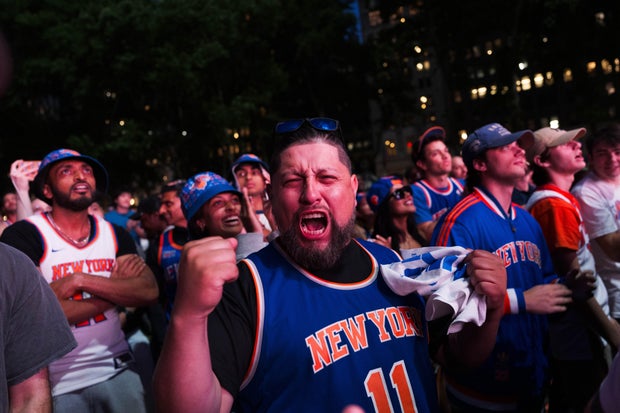 New York Knicks Fans Gather To Watch Game Three Of The NBA Finals Against San Antonio Spurs 