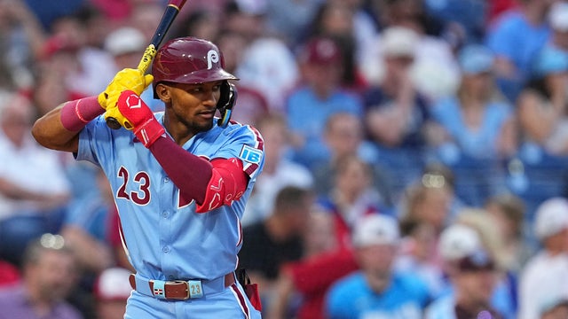 Johan Rojas #23 of the Philadelphia Phillies bats against the Washington Nationals at Citizens Bank Park on May 1, 2025 