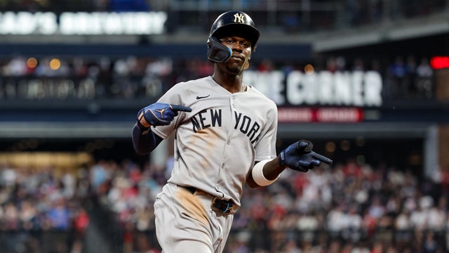 New York Yankees second baseman Jazz Chisholm Jr. (13) motions towards the Cleveland Guardians dugout after hitting a home run during the eighth inning of the Major League Baseball game between the New York Yankees and Cleveland Guardians on June 9, 2026, at Progressive Field in Cleveland, OH. 
