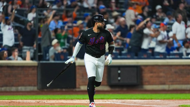 Bo Bichette #19 of the New York Mets runs to first base after hitting a solo home run in the first inning during the game between the Atlanta Braves and the New York Mets at Citi Field on Friday, June 12, 2026 in New York, New York. 
