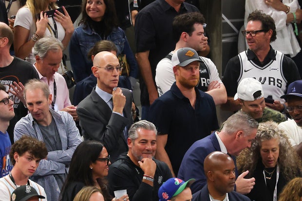 NBA Commissioner Adam Silver and Prince Harry look on during the third quarter in Game Five of the 2026 NBA Finals between the San Antonio Spurs and the New York Knicks at Frost Bank Center on June 13, 2026 in San Antonio, Texas.