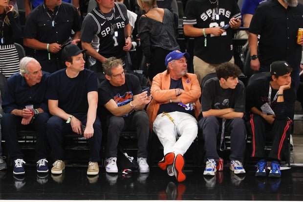 Ben Stiller and New York Knicks owner James Dolan look on during the third quarter in Game Five of the 2026 NBA Finals between the San Antonio Spurs and the New York Knicks at Frost Bank Center on June 13, 2026 in San Antonio, Texas.