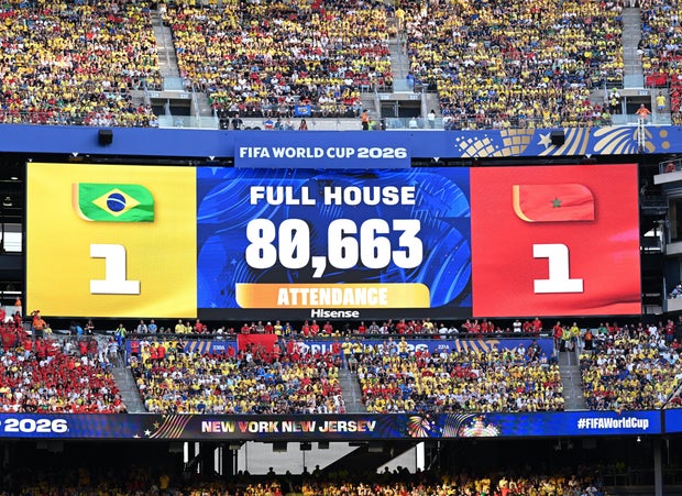 General view of the scoreboard showing the attendance at the FIFA World Cup 2026 Group C match between Brazil and Morocco at New York New Jersey Stadium on June 13, 2026 in East Rutherford, New Jersey.