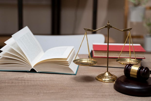 Justice Scales and wooden gavel. Justice concept 