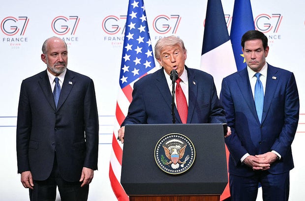 President Trump speaks alongside Secretary of State Marco Rubio and Commerce Secretary Howard Lutnick during a closing press conference at the G7 summit in Evian-les-Bains, France, on June 17, 2026. 