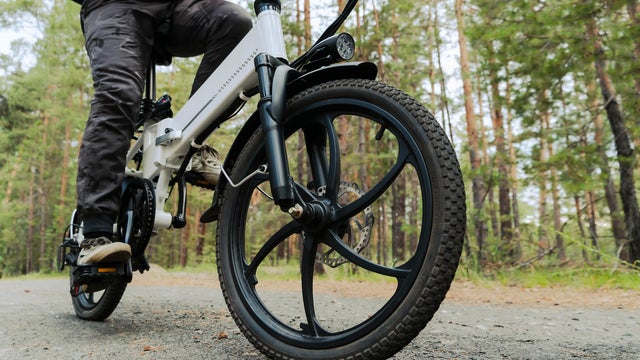 cyclist rides on a bike path in the forest. Riding an electric modern bicycle. Cool fashionable bike with alloy wheels. A cyclist rides against the background of green trees 