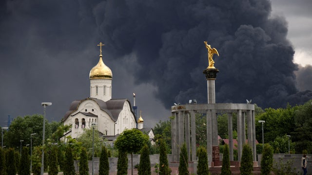 Smoke rises from an oil refinery following a Ukrainian drone attack in Moscow 