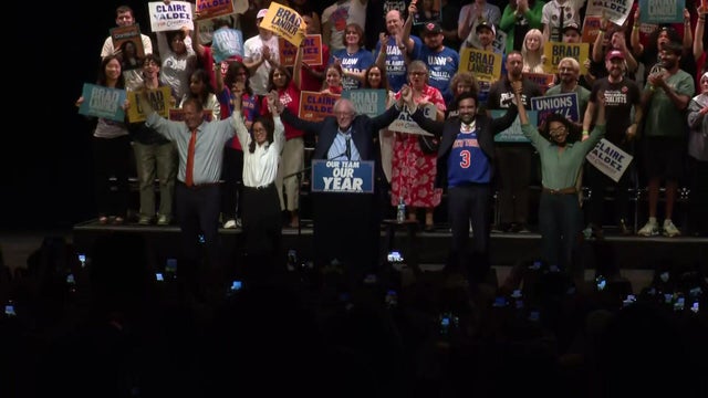Brad Lander, Claire Valdez, Sen. Bernie Sanders, Mayor Zohran Mamdani and Darializa Avila Chevalier at a rally on June 18, 2026 