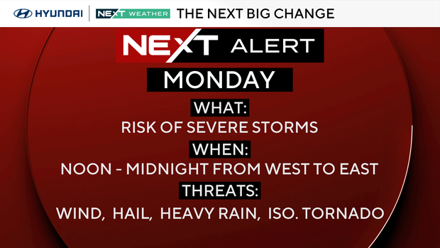 NEXT Weather alert for Monday - risk of severe storms from noon to midnight, bringing wind, hail, heavy rain, isolated tornado chance