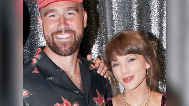 Travis Kelce and Taylor Swift pose backstage at "Oh, Mary!" at The Lyceum Theatre on June 13, 2026, in New York City. 