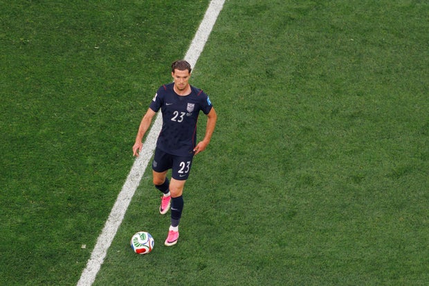Joe Scally #23 of United States of America plays the ball during the FIFA World Cup 2026 Group D match between Türkiye and USA at Los Angeles Stadium on June 25, 2026 in Inglewood, California.