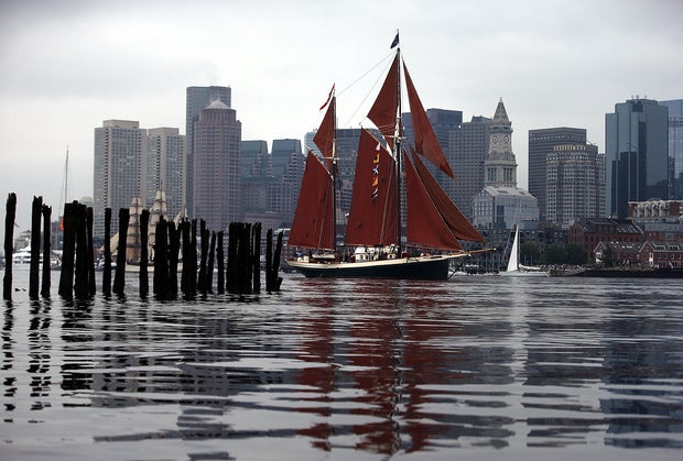 (061717 Boston, MA) The tall ship Angelique passes a set of pilings at Sail Boston's Parade of Sail event in Boston Harbor on Saturday, June 17, 2017. 54 ships from 14 countries will be on display during the six-day celebration. Staff Photo by Nancy