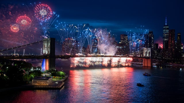 Fireworks light up over the Brooklyn Bridge and Lower Manhattan during the Macy's 4th of July fireworks show on July 4, 2026 in New York City. 