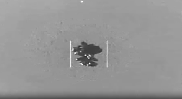 A screenshot of footage from the U.S. military in 2020 showing a balloon-like object.