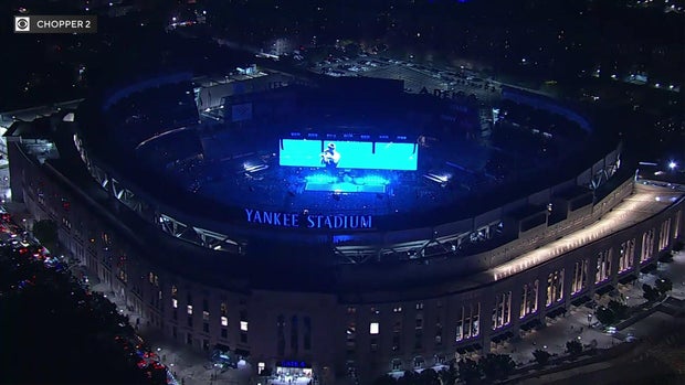Aerial view of Jay-Z performing on stage at Yankee Stadium