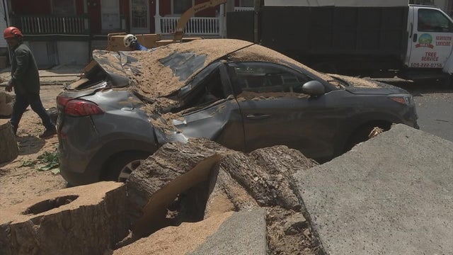 A sidewalk is buckled and a car is crushed after Saturday's storm in West Philadelphia 