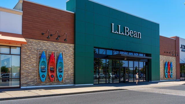 L.L.Bean store front with kayaks on display in shopping area 