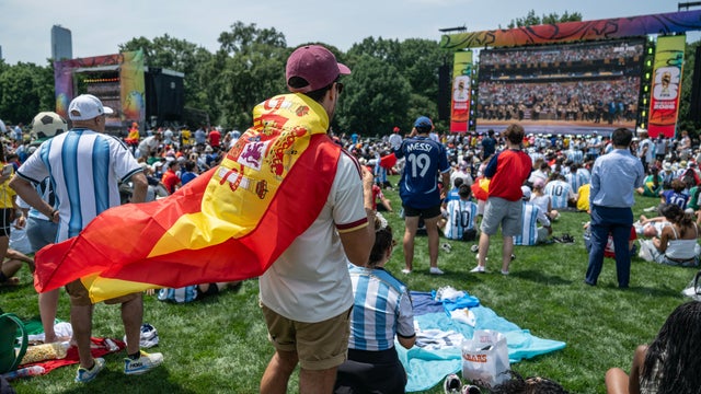 A fan wearing the Spanish national flag attends a watch party for the FIFA World Cup Final match between Spain and Argentina at Central Park in New York, US, on Sunday July 19, 2026. 