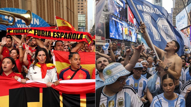 Left: Fans of Spain show support to their team ahead of the FIFA World Cup 2026 Final Match against Argentina on July 18, 2026 in New York City; Right: Fans of Argentina show support to their team ahead of the FIFA World Cup 2026 Final Match against Spain 
