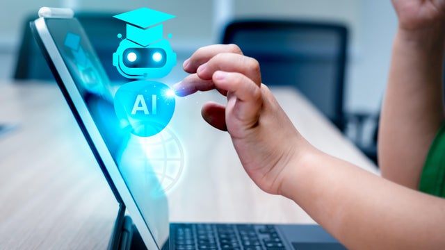 Education, kid learning and training with AI, knowledge and technology concept. Robot hologram in graduation hat showing while child using digital tablet with finger touch on screen, homework school. 