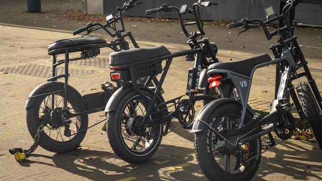 Fatbikes parked in the street, electric bicycles with large tires popular among teenagers 