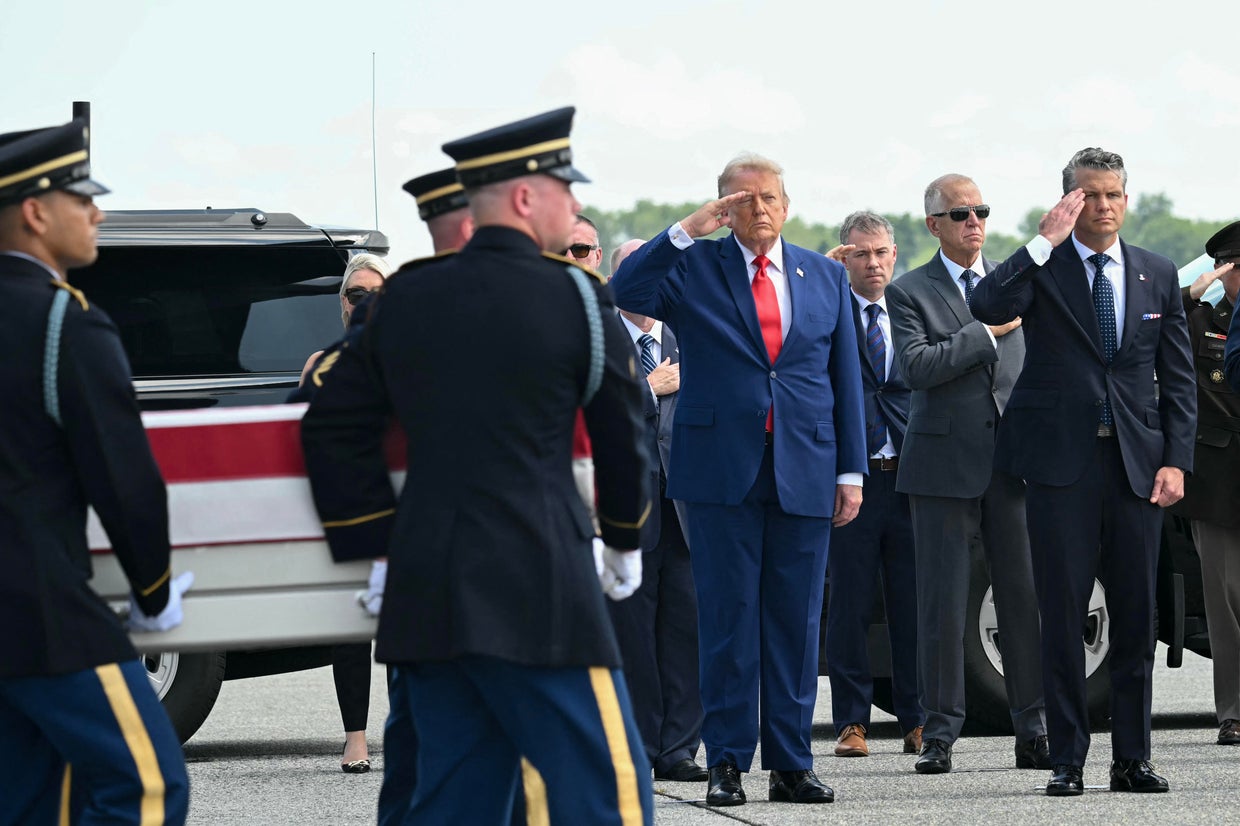 Trump at a ceremony honoring the transfer of the remains of soldiers killed in the war with Iran at Dover Air Force Base