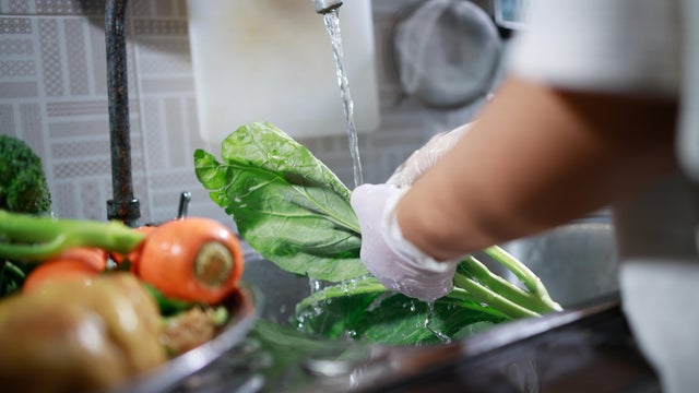 A person washing kale and other vegetables in kitchen sink 