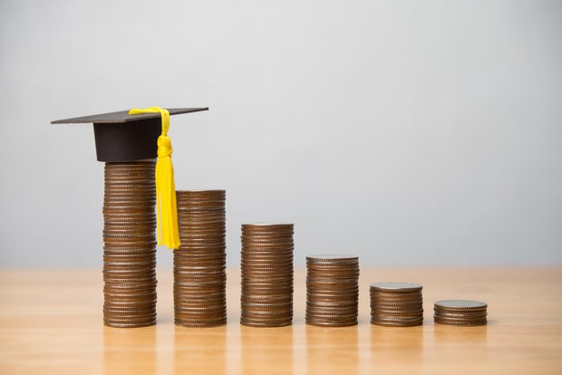 Mortarboard or square academic cap and reduce stack coins chart on wooden table with white wall background. 
